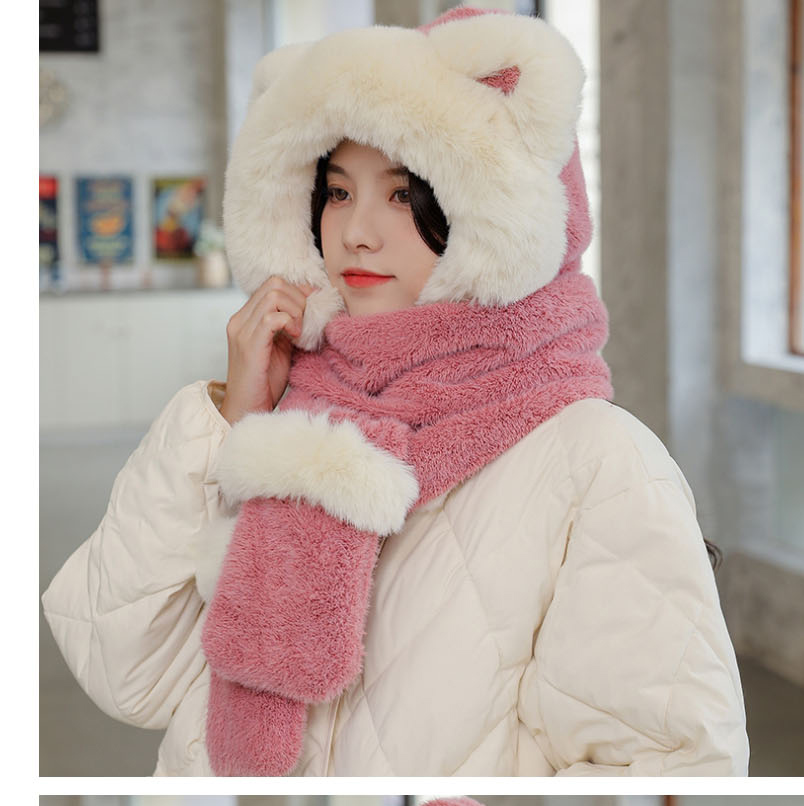 Fashion Pink Plush Strike Color Scarf Gloves Three-piece Set,Beanies&Others