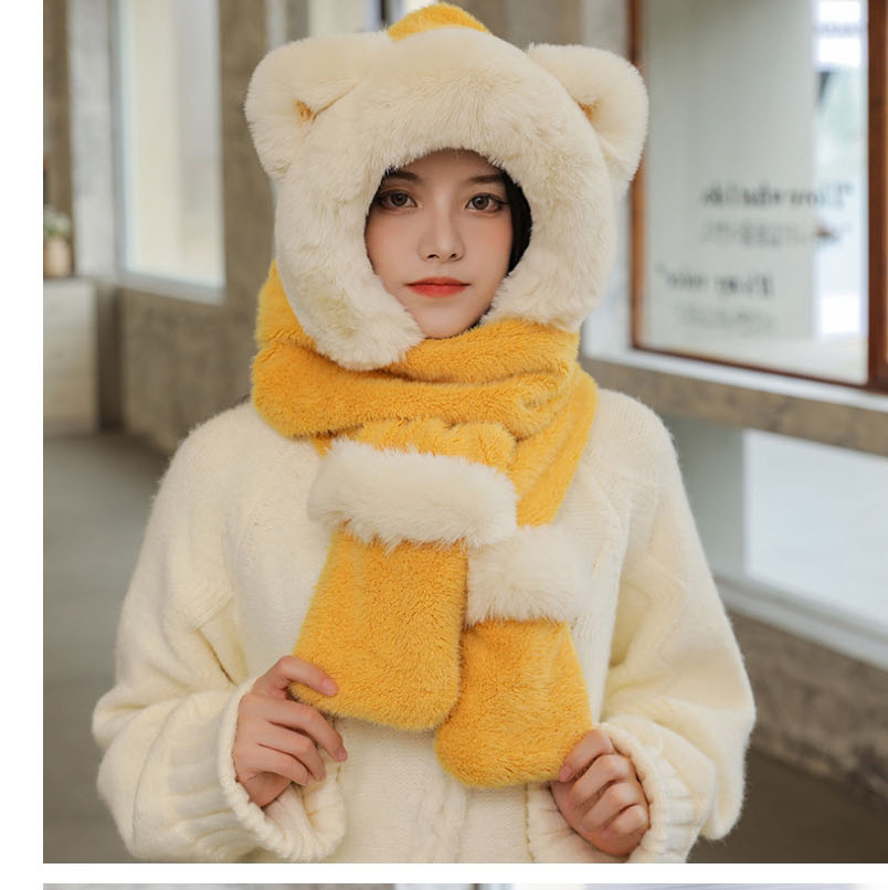 Fashion Beige Plush Strike Color Scarf Gloves Three-piece Set,Beanies&Others