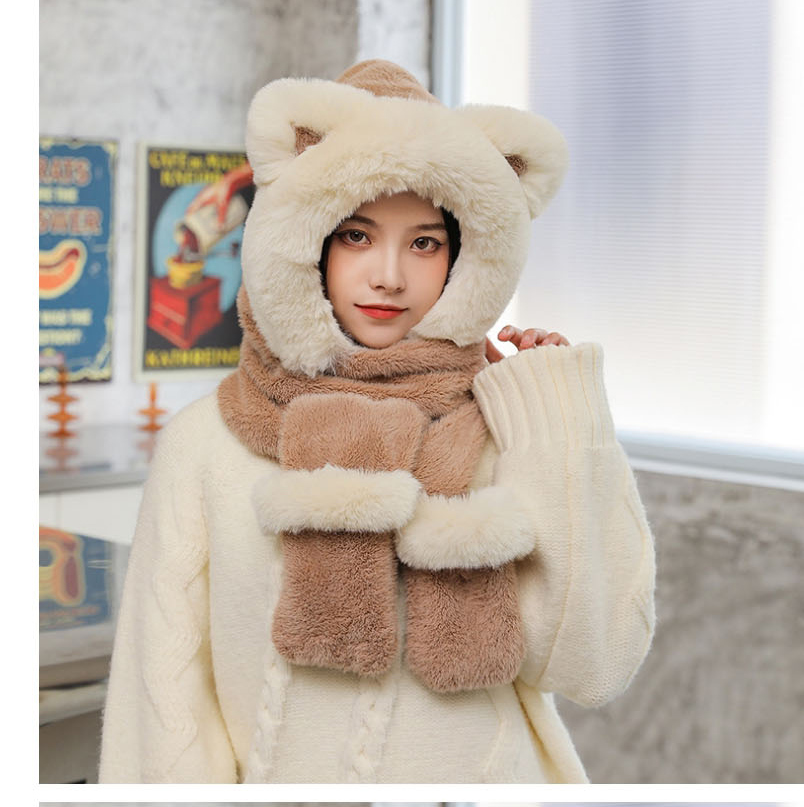 Fashion Beige Plush Strike Color Scarf Gloves Three-piece Set,Beanies&Others