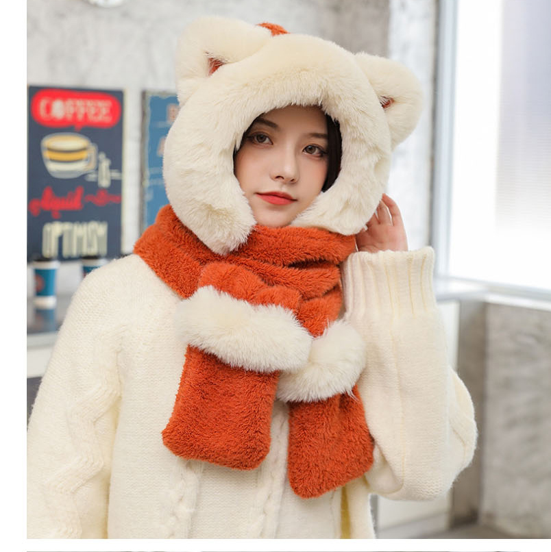 Fashion Pink Plush Strike Color Scarf Gloves Three-piece Set,Beanies&Others