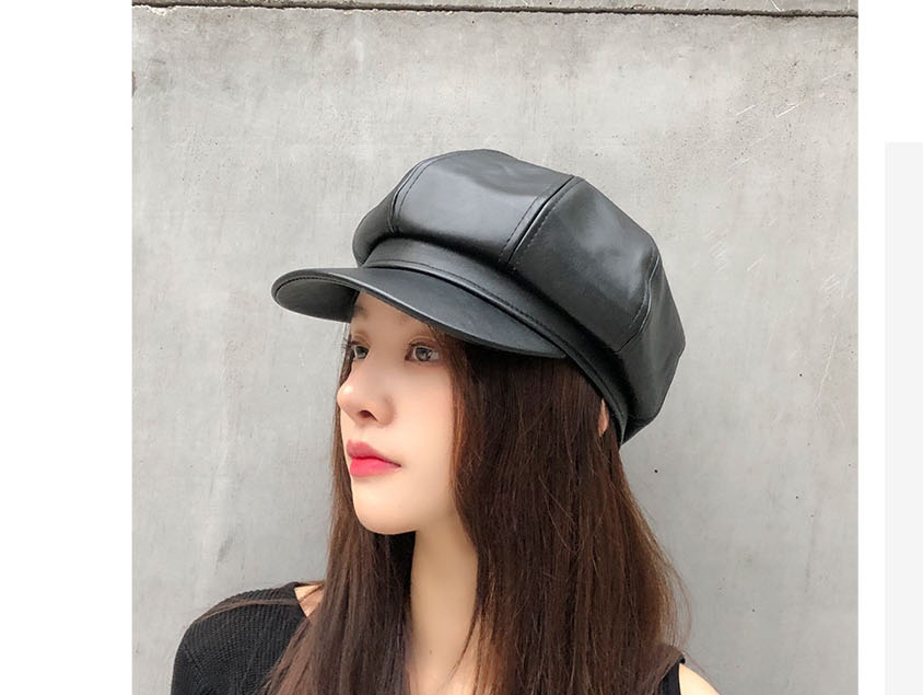 Fashion Brown Pu Leather Beret Octagonal Hat,Beanies&Others