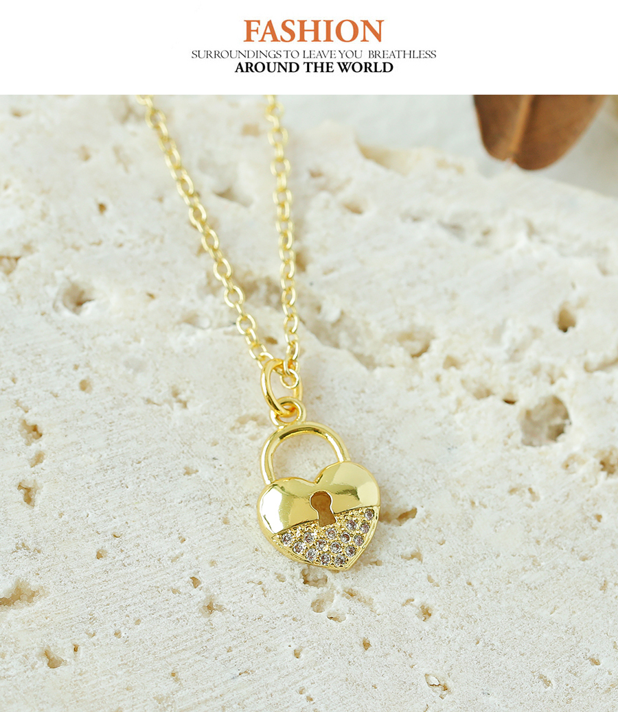 Fashion Gold Copper Inlaid Zircon Heart Lock Necklace,Necklaces