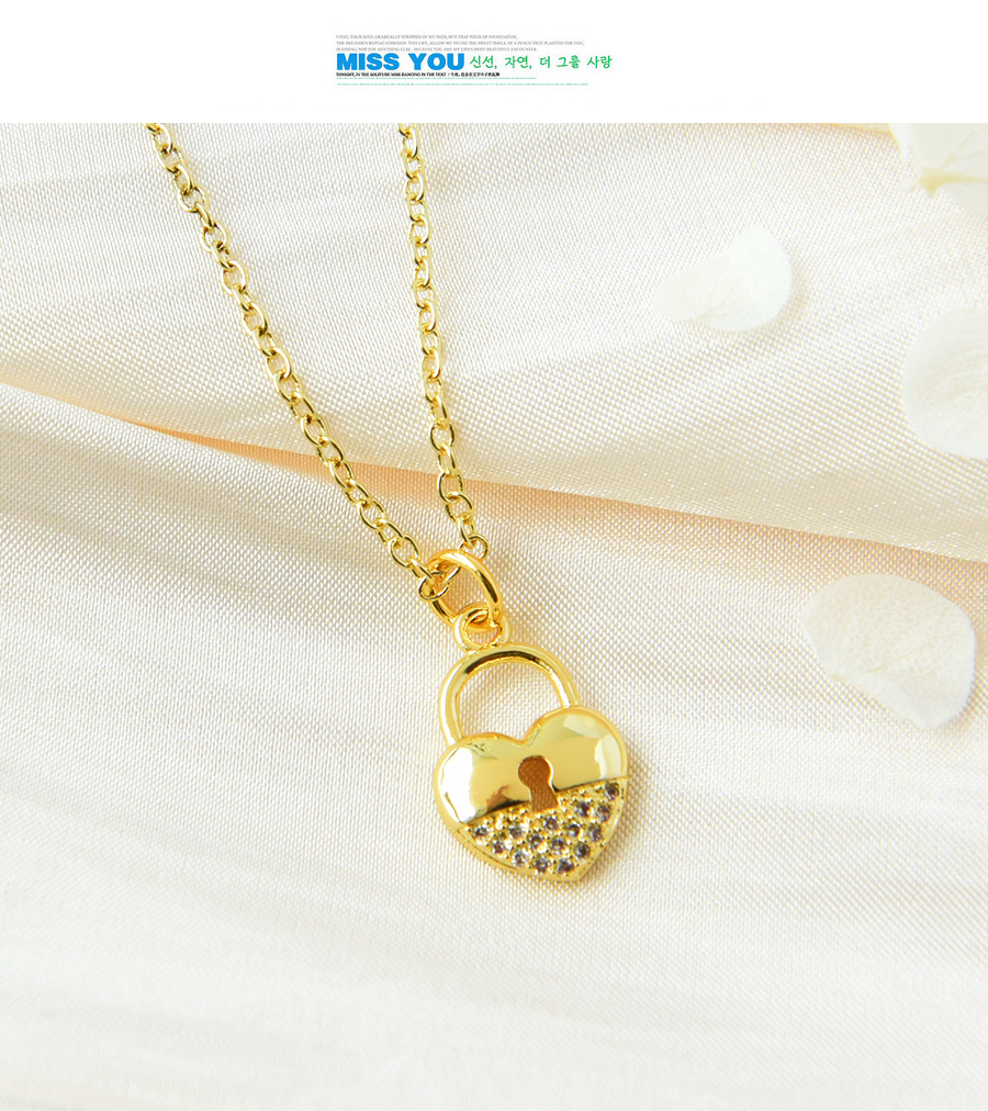 Fashion Gold Copper Inlaid Zircon Heart Lock Necklace,Necklaces