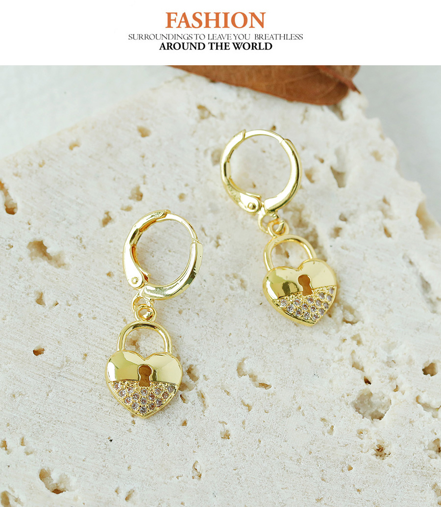 Fashion Gold Copper Inlaid Zircon Heart Lock Earrings,Earrings