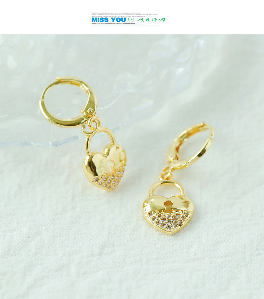 Fashion Gold Copper Inlaid Zircon Heart Lock Earrings,Earrings