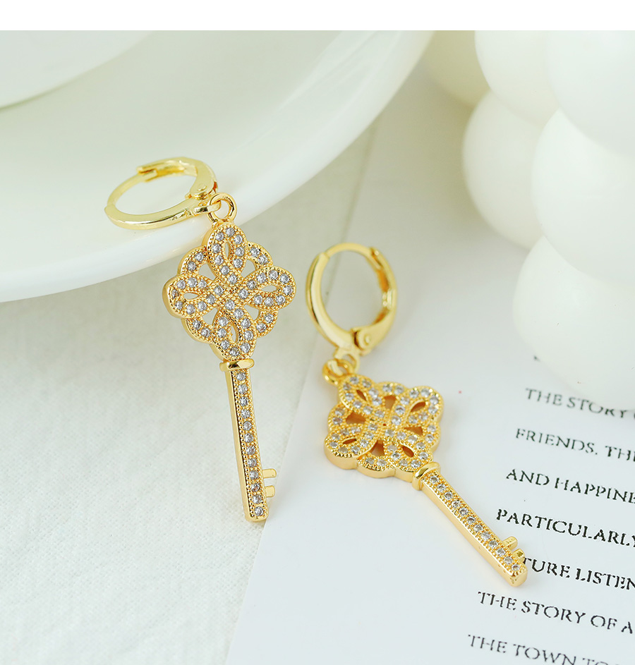 Fashion Gold Copper Inlaid Zircon Pattern Key Earrings,Earrings