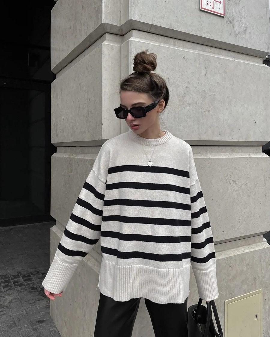 Fashion Black And White Striped Long Sleeve Crew Neck Sweater,Sweater