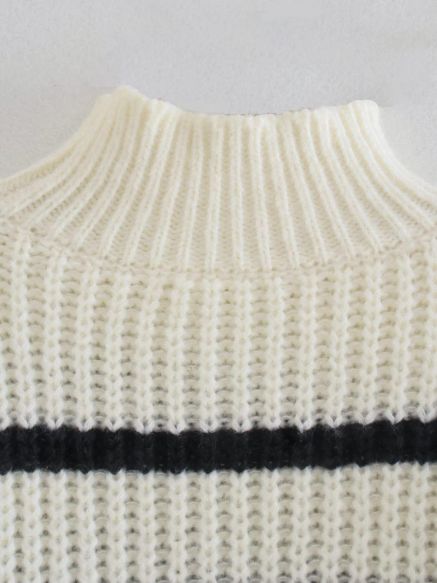 Fashion Black And White Round Neck Striped Sweater,Sweater