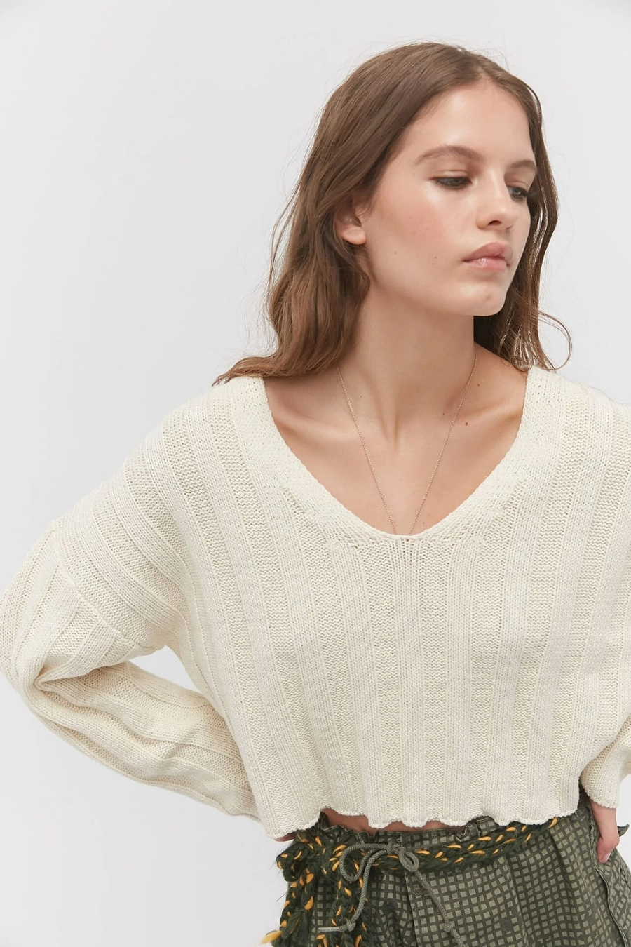 Fashion White V-neck Knitted Top,Sweater