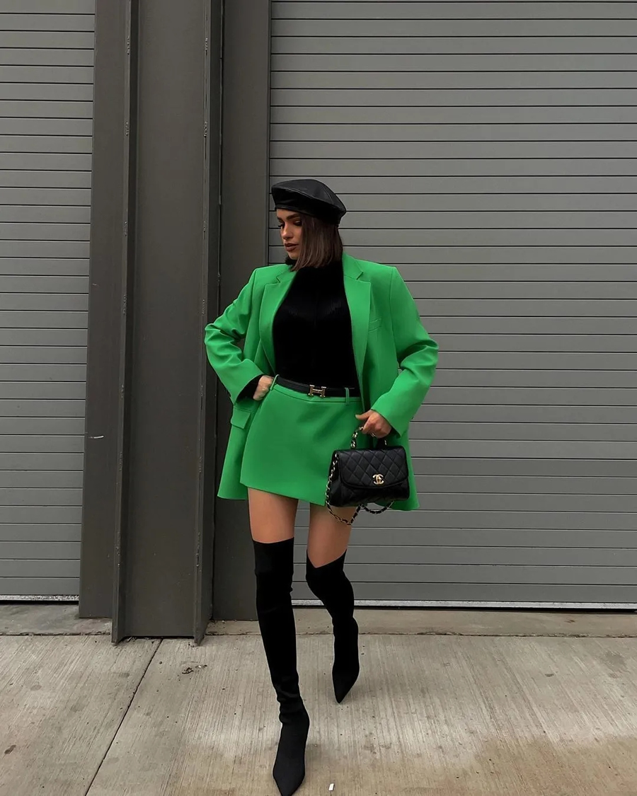 Fashion Green Straight Blazer With Pockets,Coat-Jacket