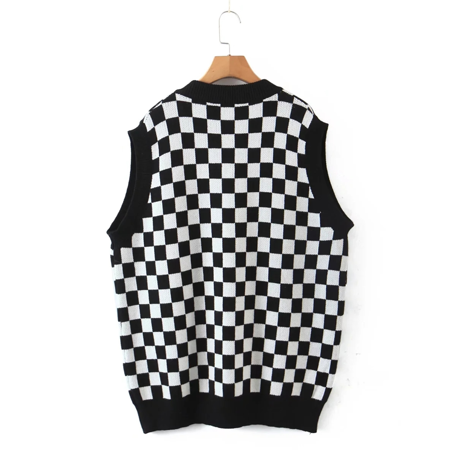 Fashion Black Checkerboard Knitted Vest,Tank Tops & Camis