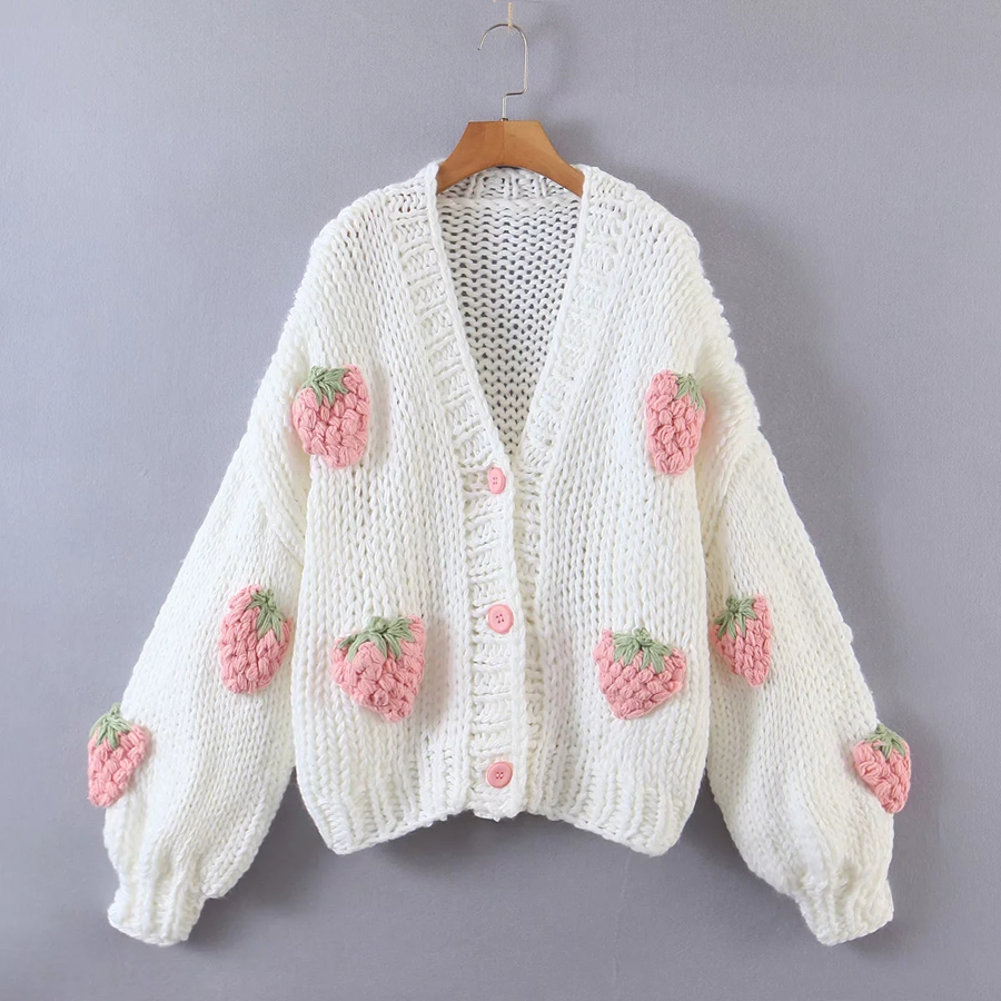Fashion White Three-dimensional Strawberry Knitted Jacket,Coat-Jacket