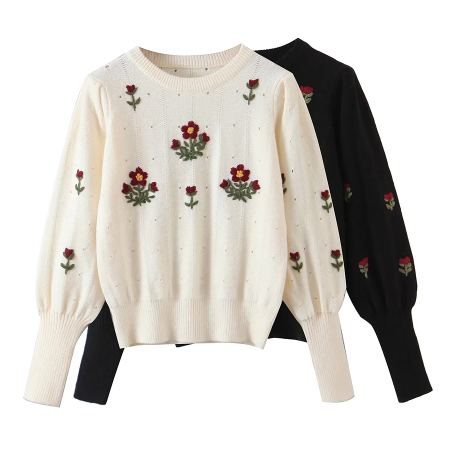 Fashion Black Retro Embroidered Puff Sleeve Sweater,Tank Tops & Camis