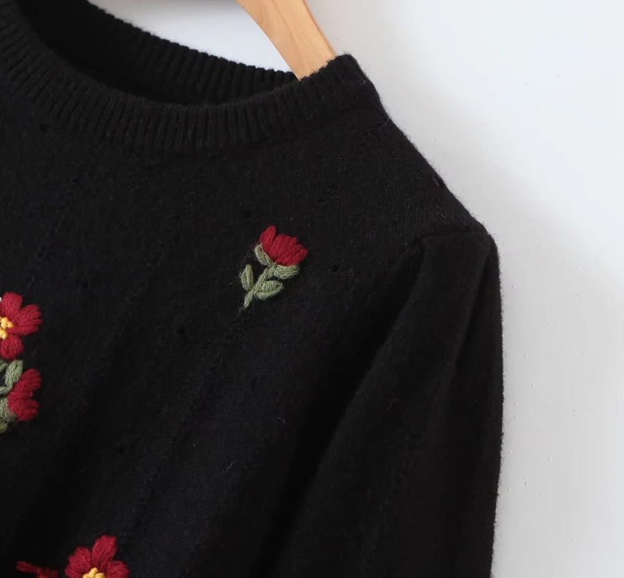 Fashion Black Retro Embroidered Puff Sleeve Sweater,Tank Tops & Camis