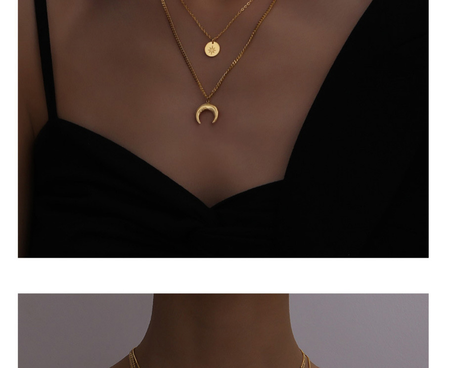 Fashion Gold Color Titanium Steel Geometric Crescent Multi-layer Necklace,Necklaces