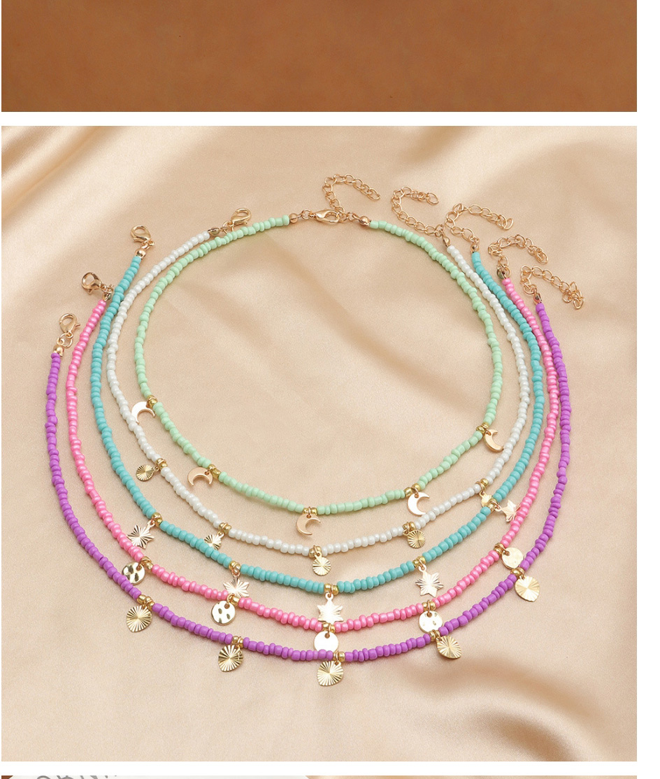 Fashion Pink Alloy Rice Beads Beaded Star And Moon Necklace,Pendants