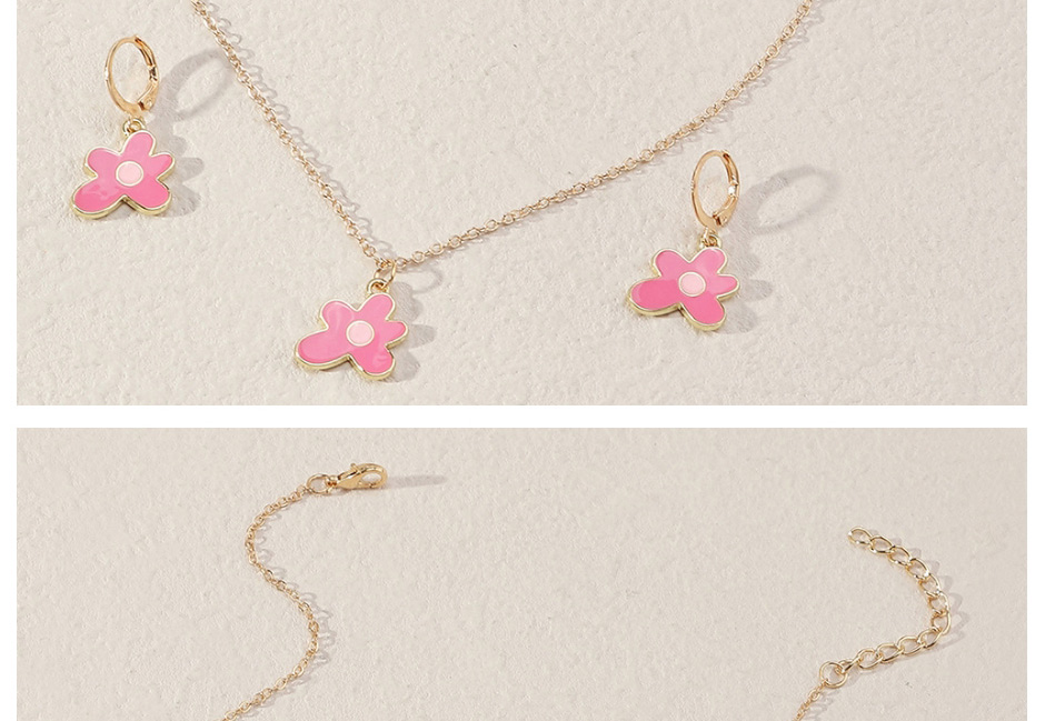 Fashion Pink Alloy Drip Oil Small Flower Earring Necklace Set,Jewelry Sets
