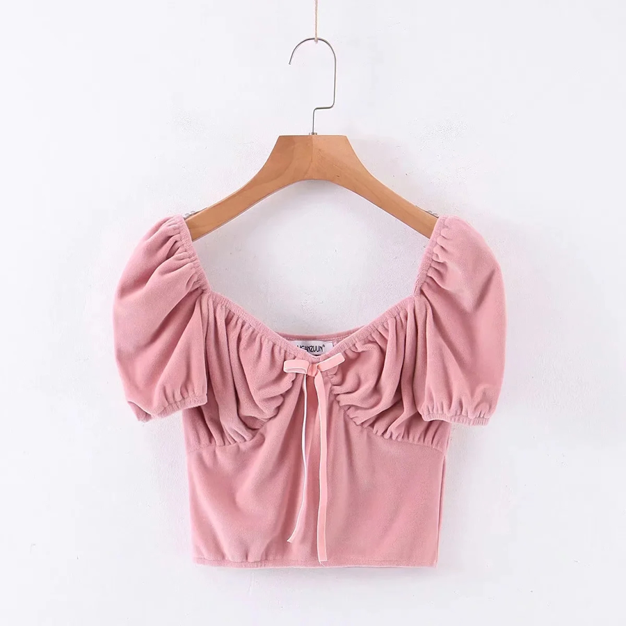 Fashion Pink Velvet Knotted Square Neck Pleated Top,Tank Tops & Camis