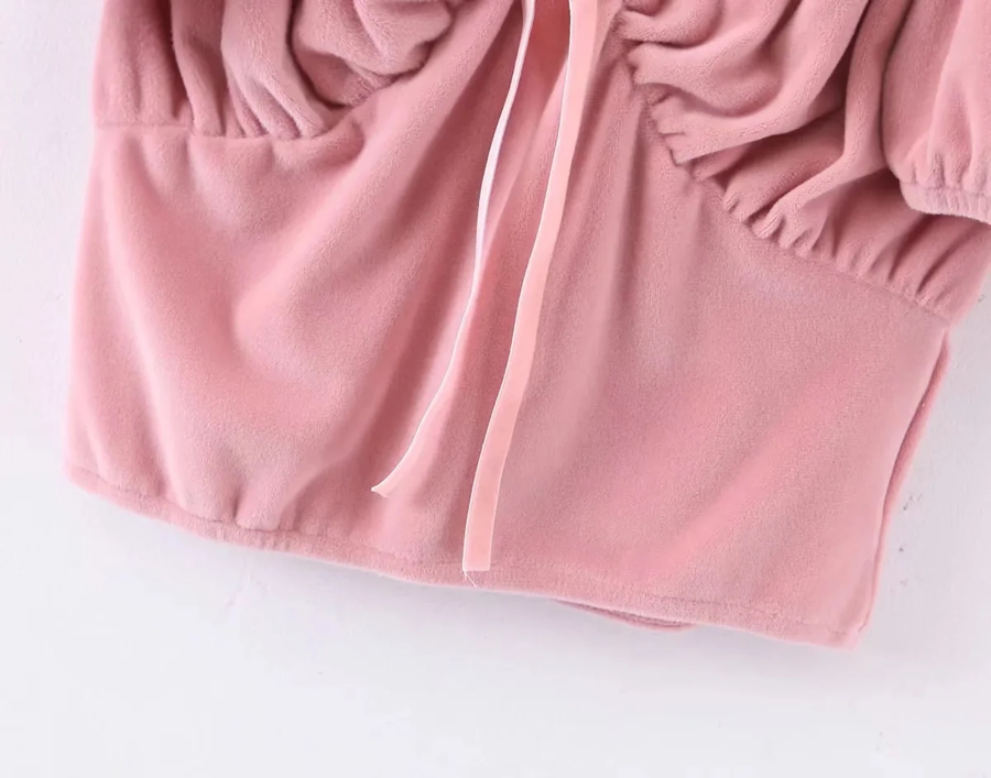 Fashion Pink Velvet Knotted Square Neck Pleated Top,Tank Tops & Camis