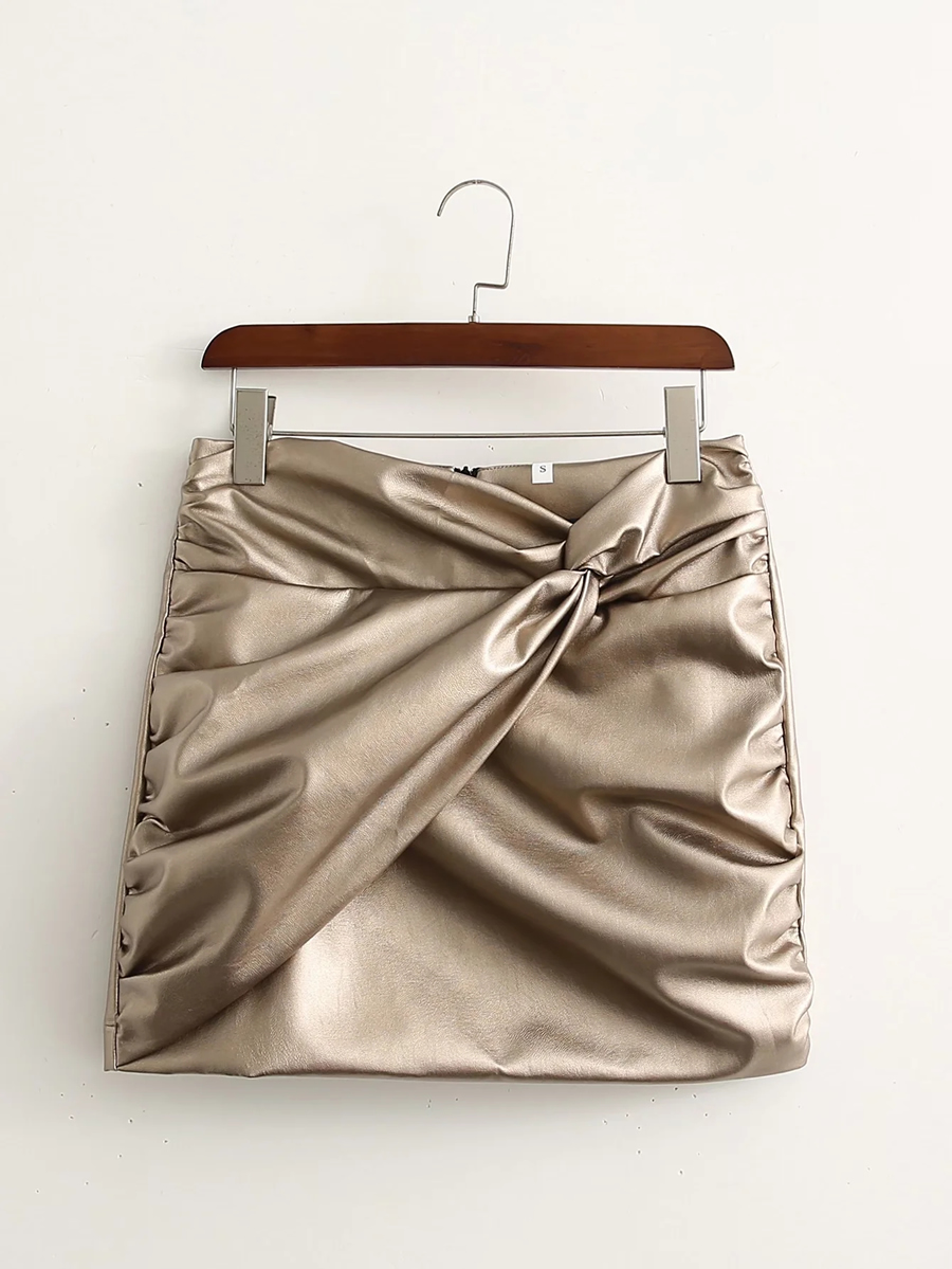 Fashion Champagne Pleated Faux Leather Skirt,Skirts