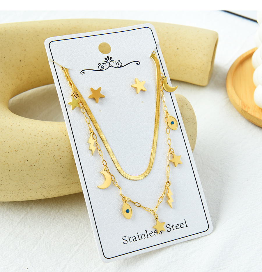 Fashion Gold Color Titanium Steel Star And Moon Double Necklace And Earrings Set,Jewelry Set