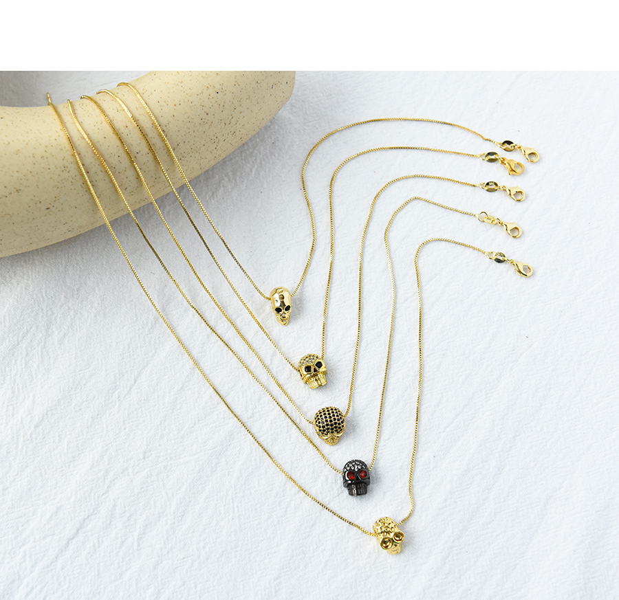 Fashion Golden-5 Copper Inlaid Zirconium Skull Necklace,Necklaces