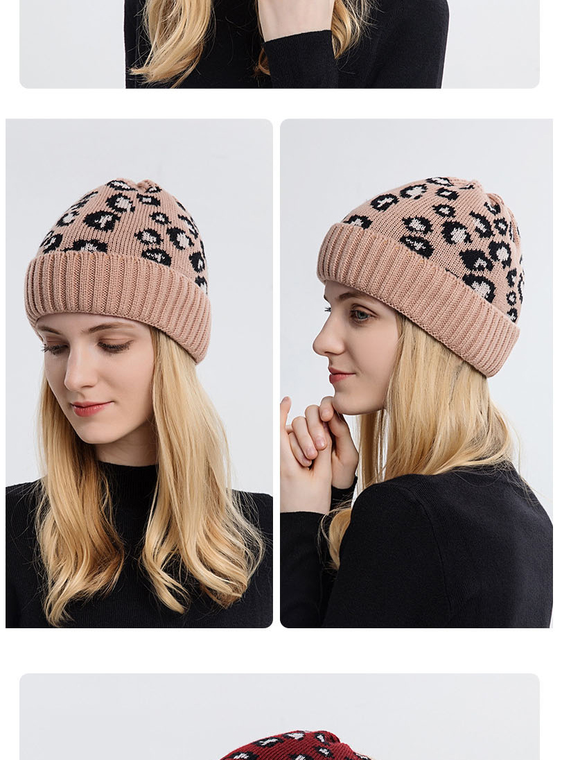 Fashion Wine Red Leopard-print Knitted Hollow Top Hat,Beanies&Others