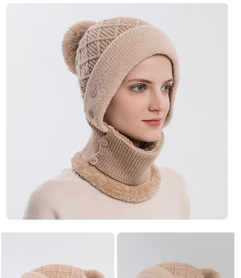 Fashion Beige Woolen Knitted Button Hood Scarf Set,Beanies&Others