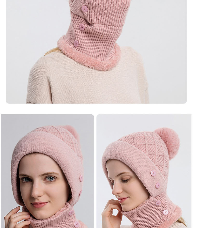Fashion Pink Woolen Knitted Button Hood Scarf Set,Beanies&Others