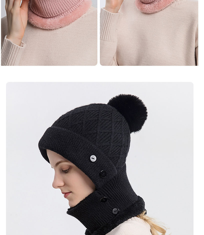 Fashion Black Woolen Knitted Button Hood Scarf Set,Beanies&Others