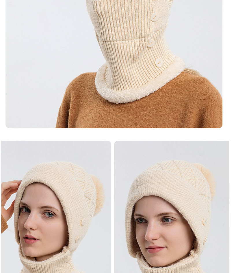 Fashion Khaki Woolen Knitted Button Hood Scarf Set,Beanies&Others