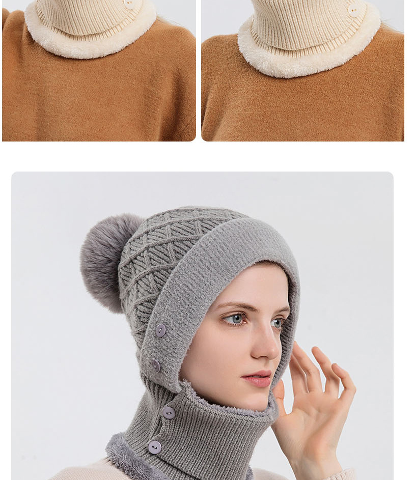 Fashion Beige Woolen Knitted Button Hood Scarf Set,Beanies&Others