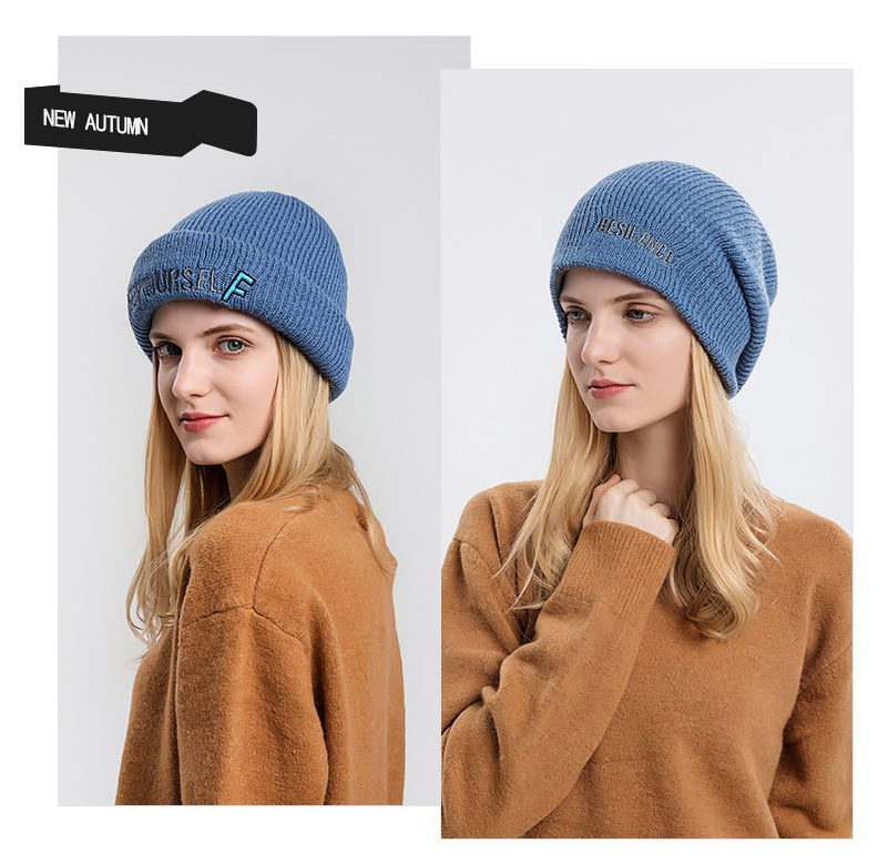 Fashion Blue Woolen Knit Letter Flanging Cap,Beanies&Others