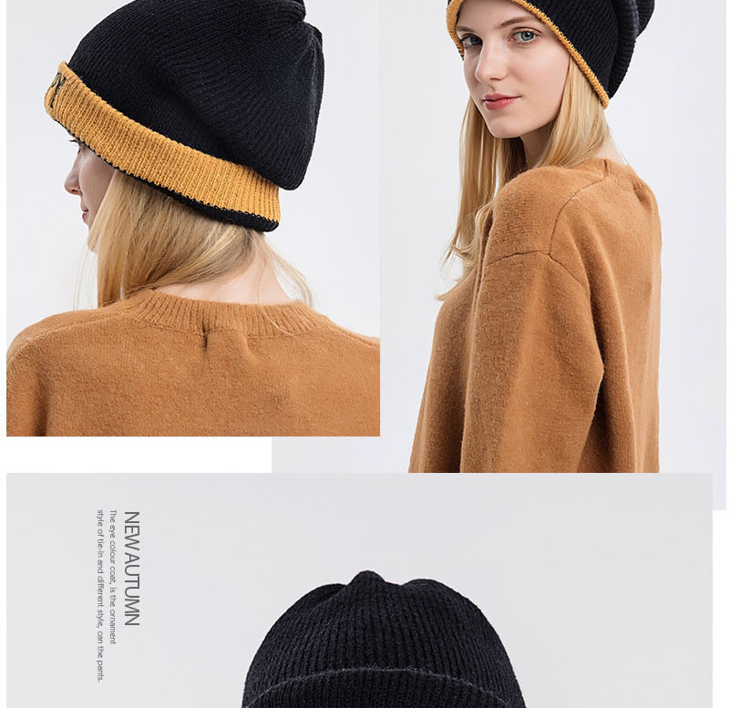 Fashion Black Woolen Knit Letter Flanging Cap,Beanies&Others