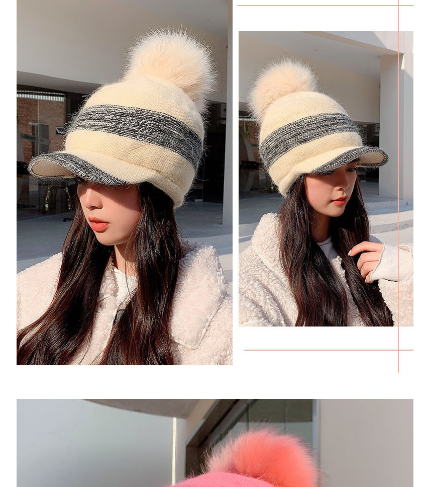 Fashion Beige Rabbit Fur Knitted Wool Ball Long Brim Baseball Cap,Baseball Caps