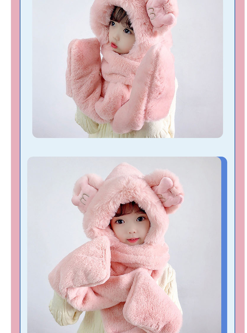 Fashion Light Pink Plush Hat Scarf Gloves All-in-one Suit With Ears,Beanies&Others
