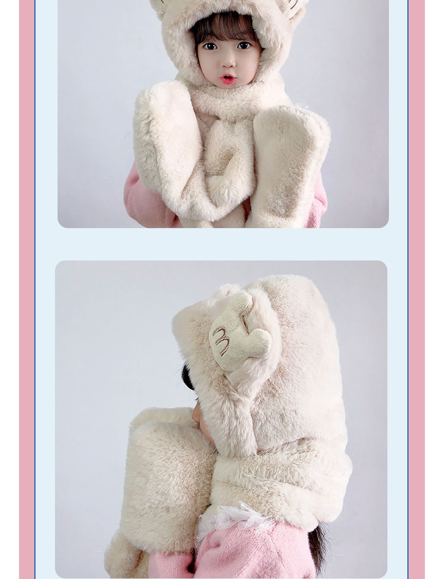 Fashion Beige Plush Hat Scarf Gloves All-in-one Suit With Ears,Beanies&Others