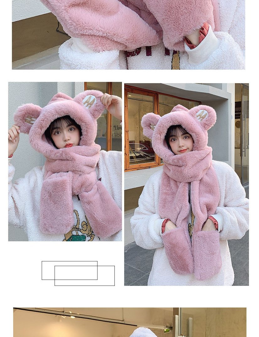 Fashion Coffee Color Plush Bear All-in-one Scarf Hood Glove Set,Beanies&Others