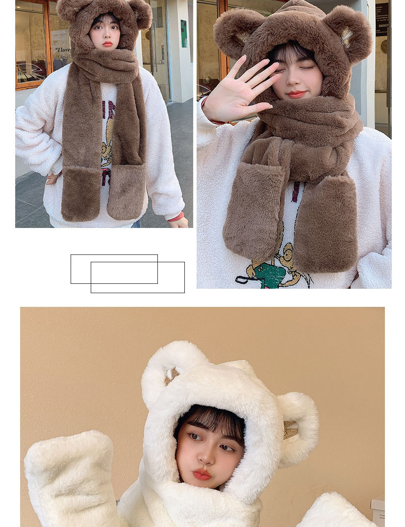 Fashion Coffee Color Plush Bear All-in-one Scarf Hood Glove Set,Beanies&Others