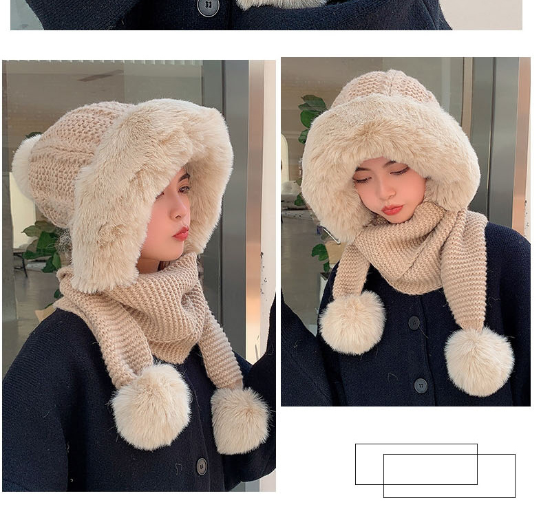 Fashion Beige Woolen Knit Plush Pullover Cap And Scarf All-in-one Suit,Beanies&Others