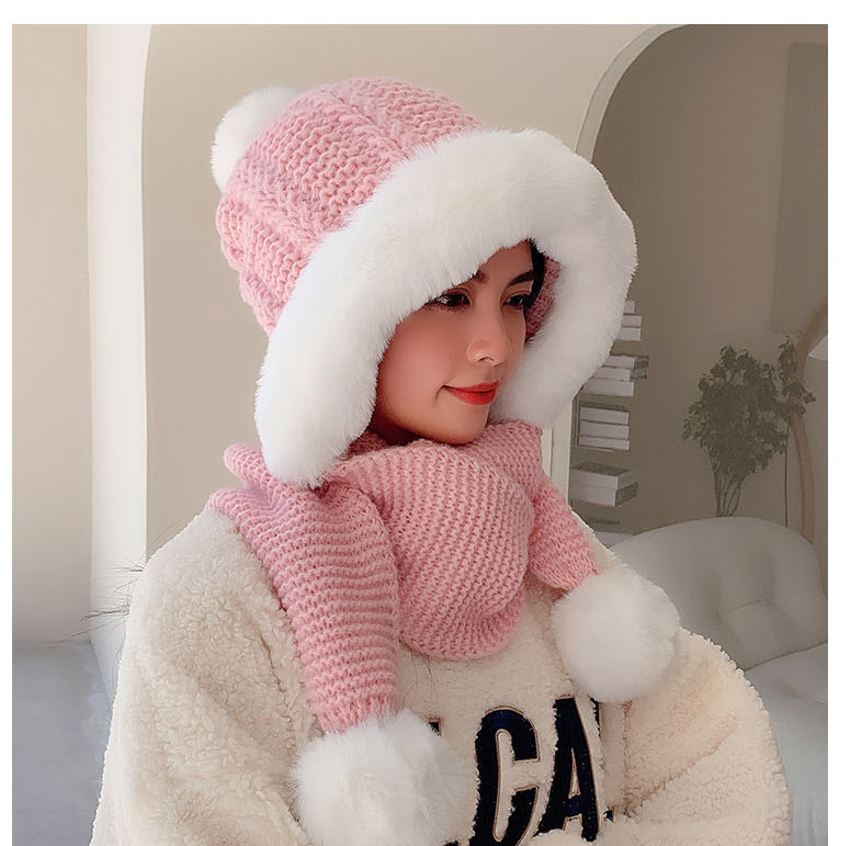 Fashion Pink Woolen Knit Plush Pullover Cap And Scarf All-in-one Suit,Beanies&Others