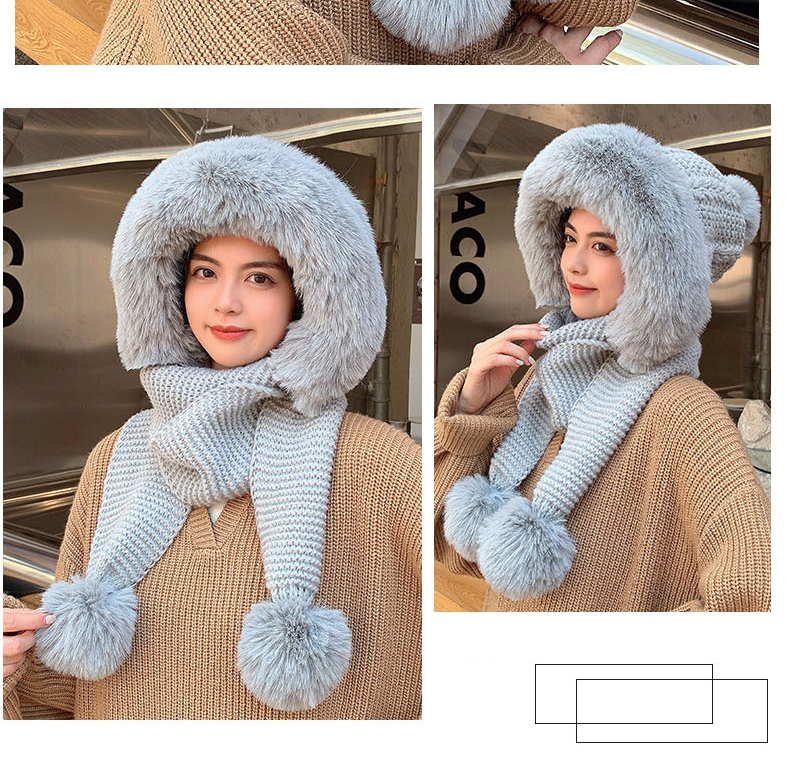 Fashion Khaki Woolen Knit Plush Pullover Cap And Scarf All-in-one Suit,Beanies&Others