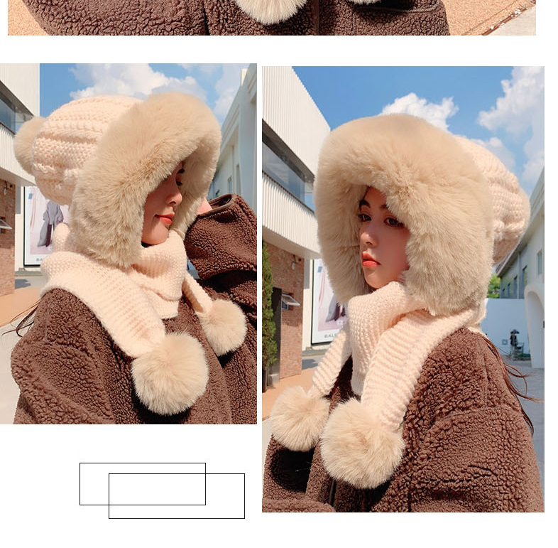 Fashion Grey Woolen Knit Plush Pullover Cap And Scarf All-in-one Suit,Beanies&Others