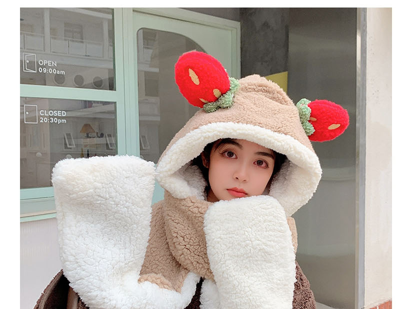 Fashion Pink Lamb Wool Strawberry Ears Scarf Hat Gloves All-in-one Suit,Beanies&Others