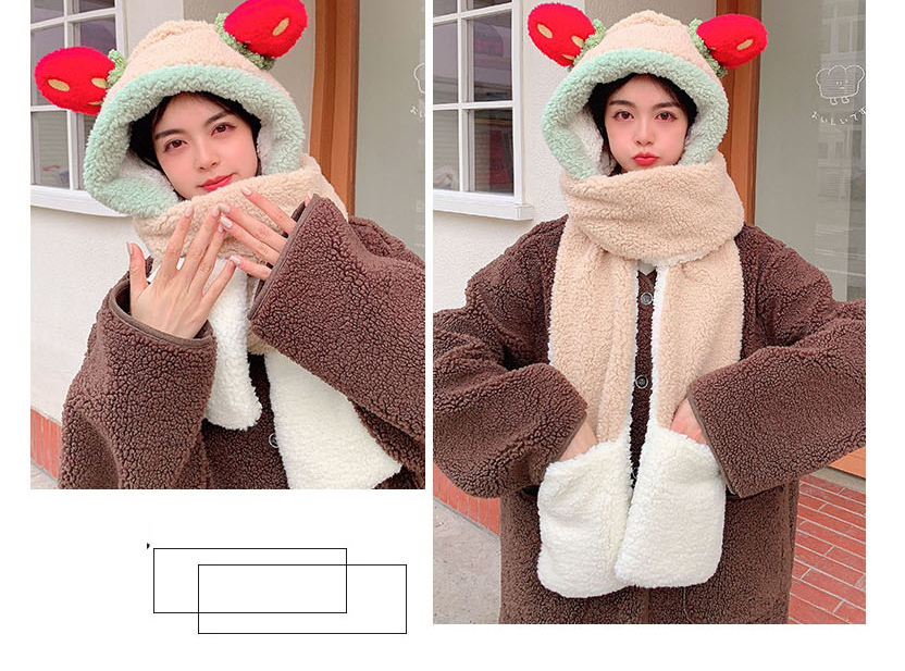 Fashion Khaki Lamb Wool Strawberry Ears Scarf Hat Gloves All-in-one Suit,Beanies&Others