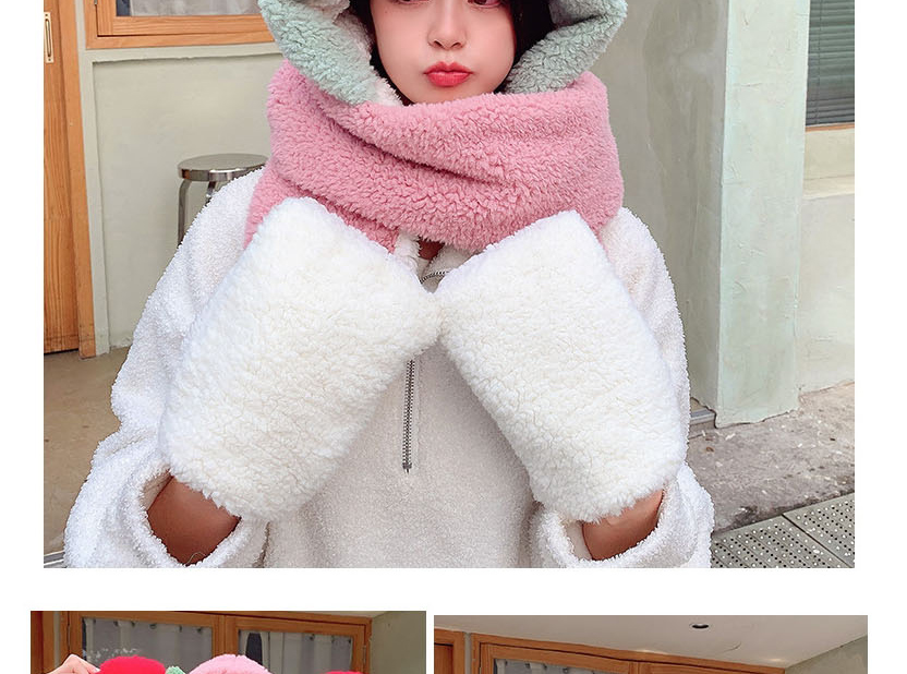 Fashion Beige Lamb Velvet Strawberry Ear Bib Hat Glove All-in-one Suit,Beanies&Others