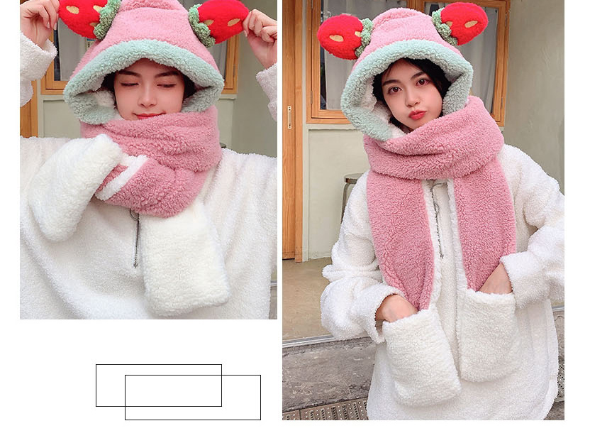 Fashion Beige Lamb Velvet Strawberry Ear Bib Hat Glove All-in-one Suit,Beanies&Others
