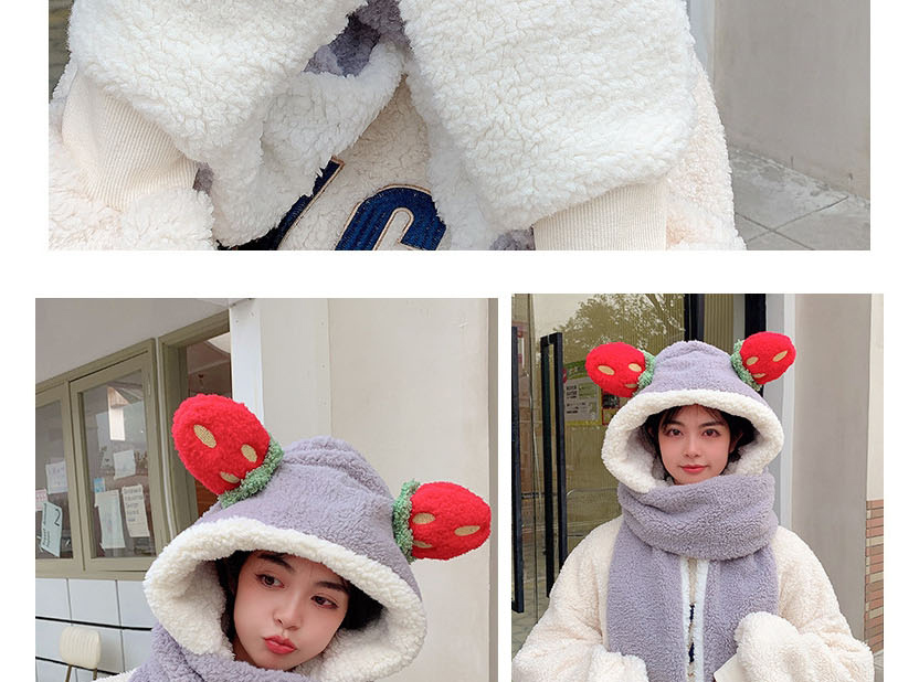Fashion Grey Lamb Velvet Strawberry Ear Bib Hat Glove All-in-one Suit,Beanies&Others