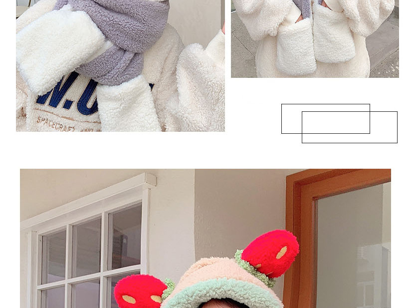 Fashion Khaki Lamb Wool Strawberry Ears Scarf Hat Gloves All-in-one Suit,Beanies&Others