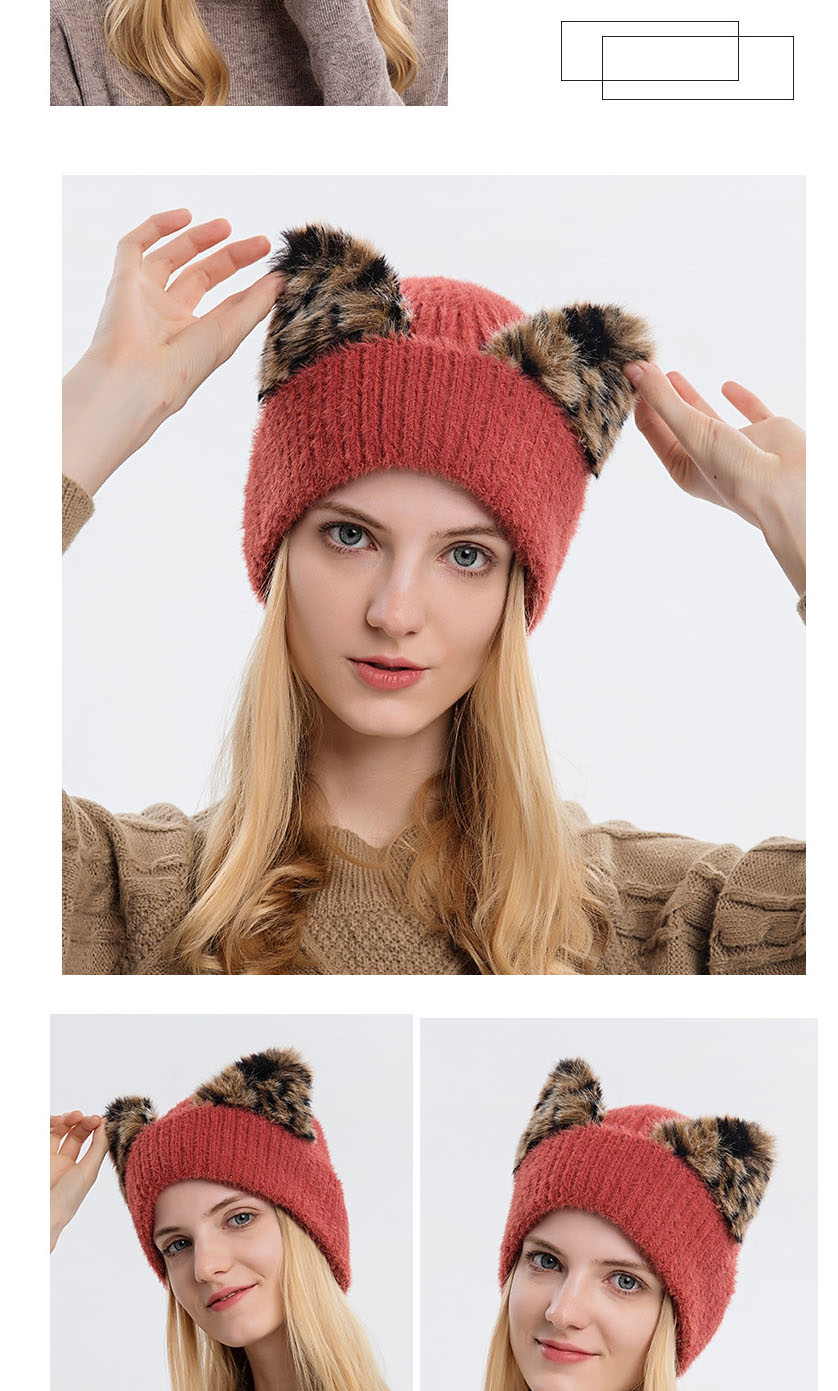 Fashion Khaki Woolen Knitted Cuffed Leopard Print Cat Ear Cap,Beanies&Others